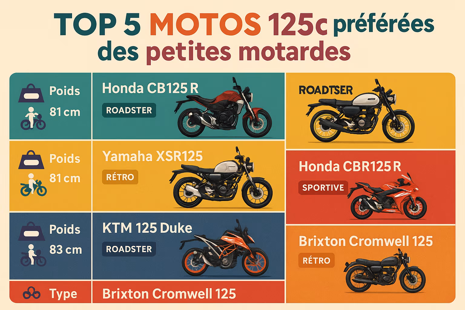 Top 5 des motos 125cc pour les femmes de petites tailles